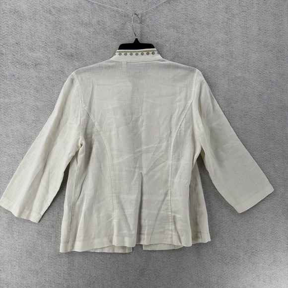 Chicos 100% Linen Jacket Womens 0 (SMALL) Open 3/4 Sleeve Pockets Collarless - Picture 2 of 14